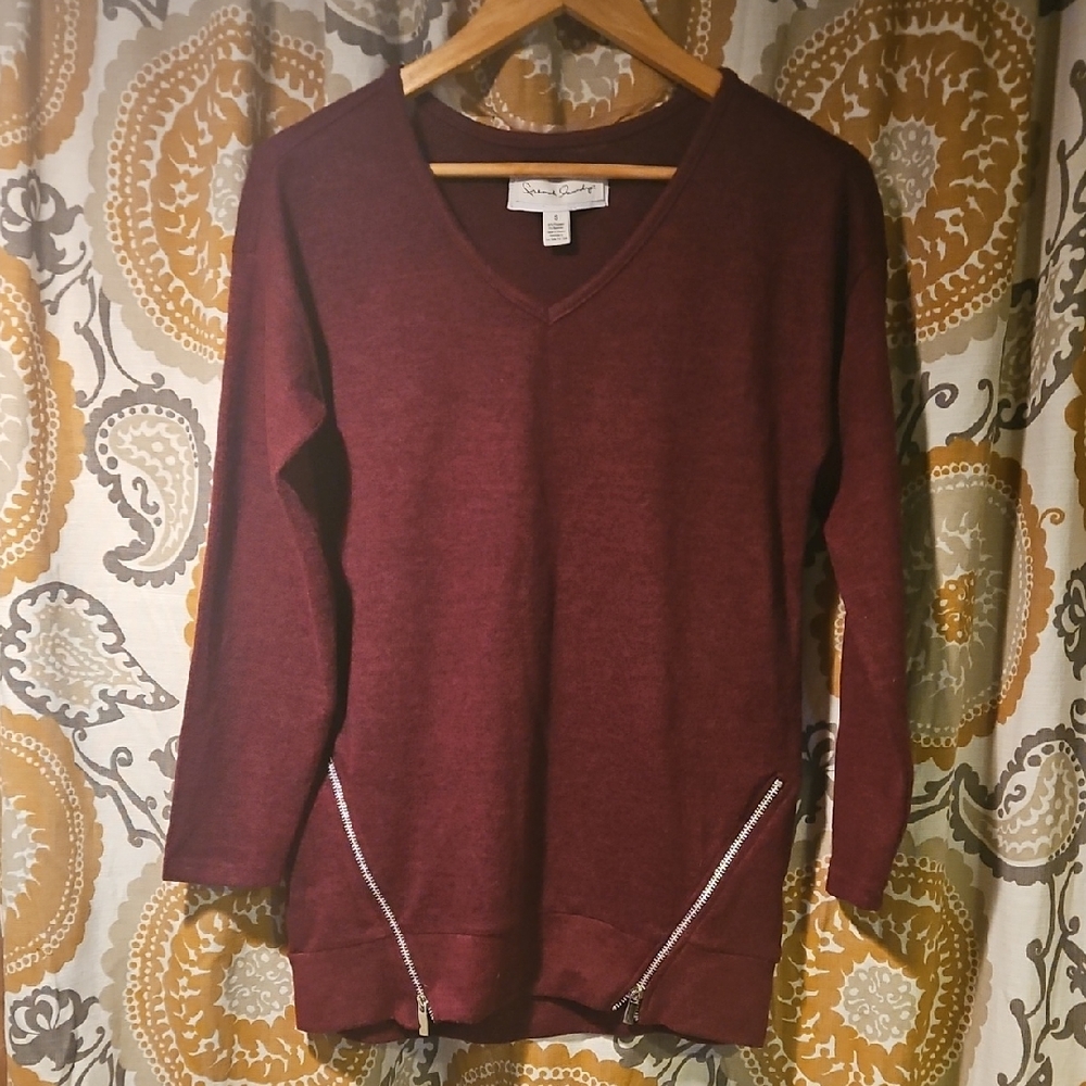 Maroon V-Neck Sweater with Zipper Details